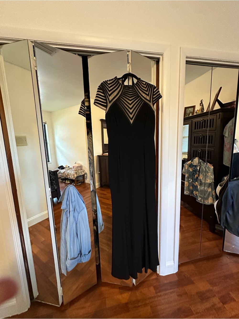 Betsy & Adam Black Maxi Dress with Striped Illusion Yoke